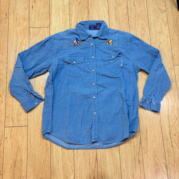 VTG Disney Winnie The Pooh Tigger Light Blue Corduroy Button Up Shirt Unisex Med - Picture 1 of 6